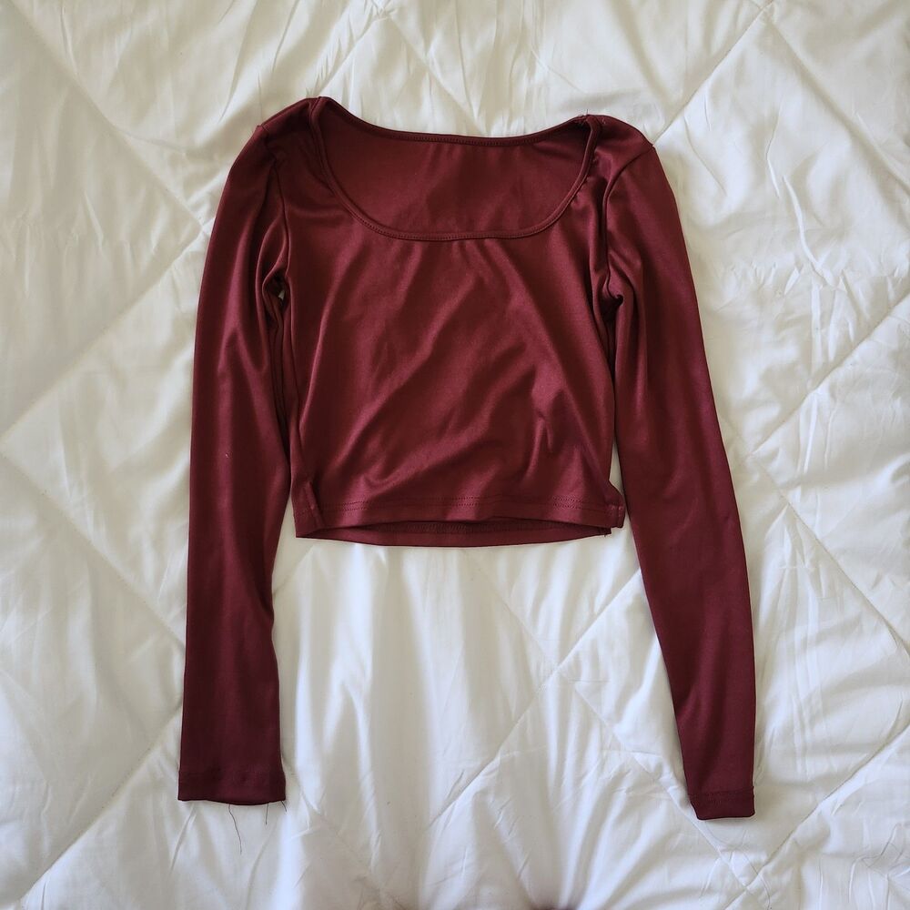 Dazy Burgundy Square Neck Long Sleeve Cropped Top Size S